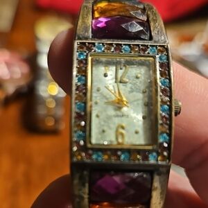 Crystal-Accented Quartz Bracelet Watch in Purple & Amber